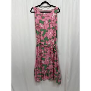 Le Ragazze Sleeveless Floral Pink Green Italian Silk Blend Maxi Dress Size L NWT
